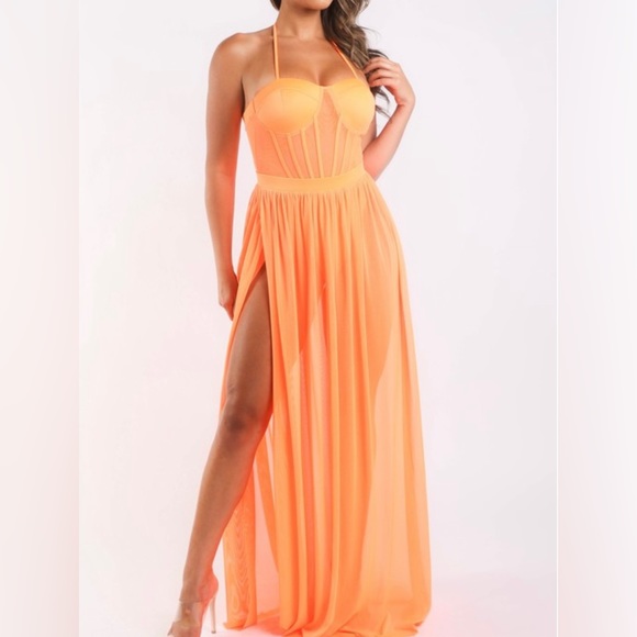 Orange Mesh Maxi Skirt and Bodysuit Set - Picture 1 of 7
